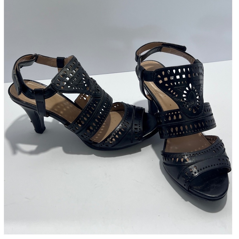 Naturalizer Womens Black Leather Laser Cut Slingback Kitten Heel Sandals 7.5
